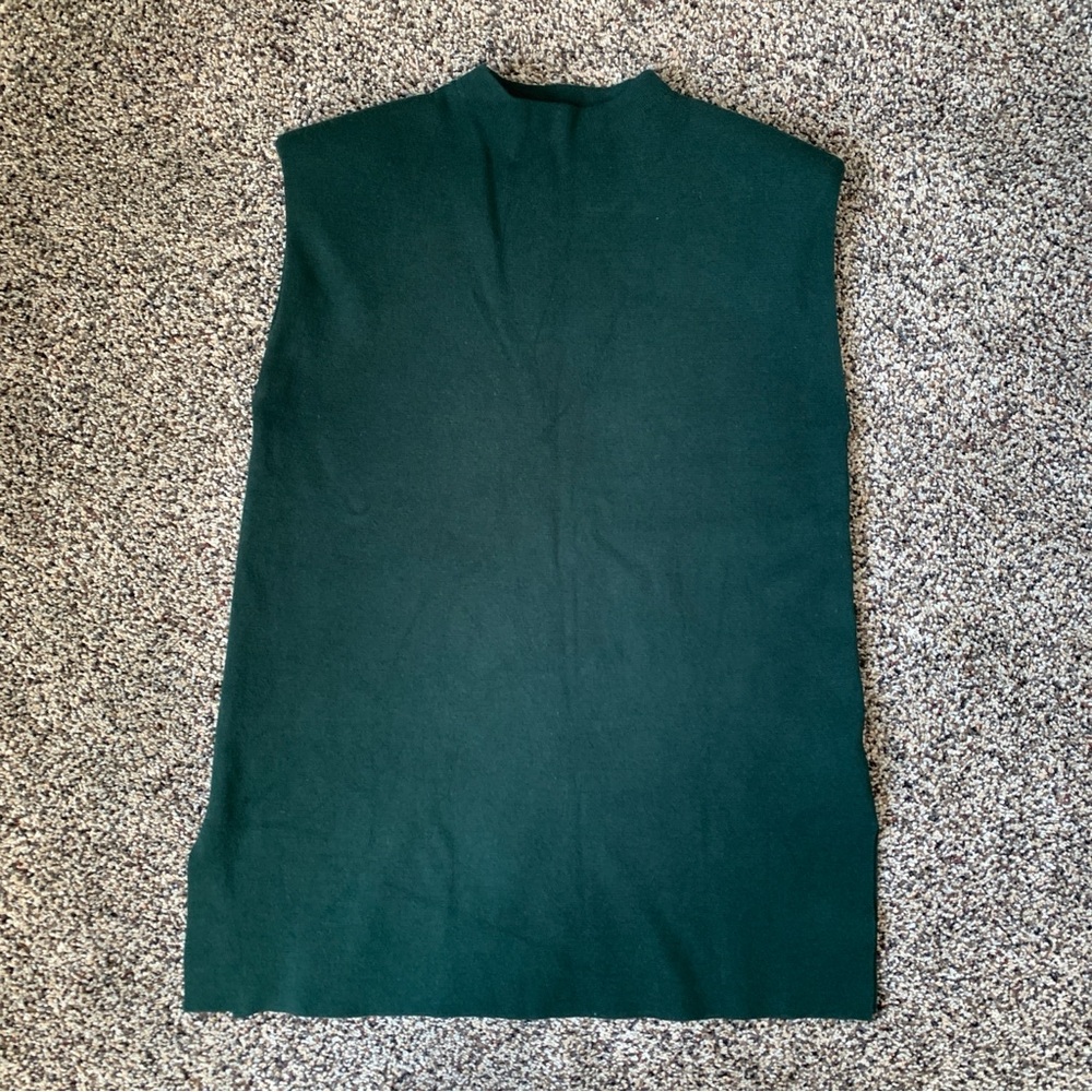 ZARA Deep Green Mock Neck Sweater Vest Shoulder Padding Side Slits Medium